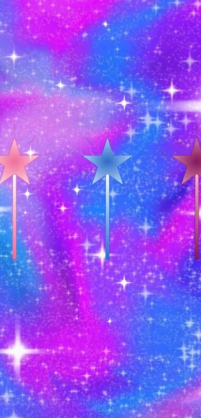 Colorful galaxy wallpaper with stars and magic wands.