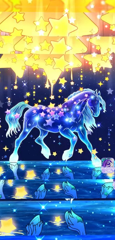 Glowing starry horse on cosmic staircase wallpaper.