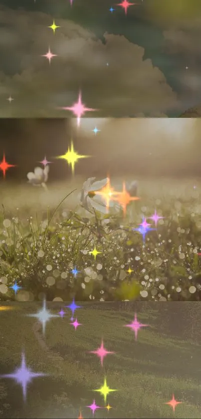 Magical meadow with sparkling stars and serene nature background.