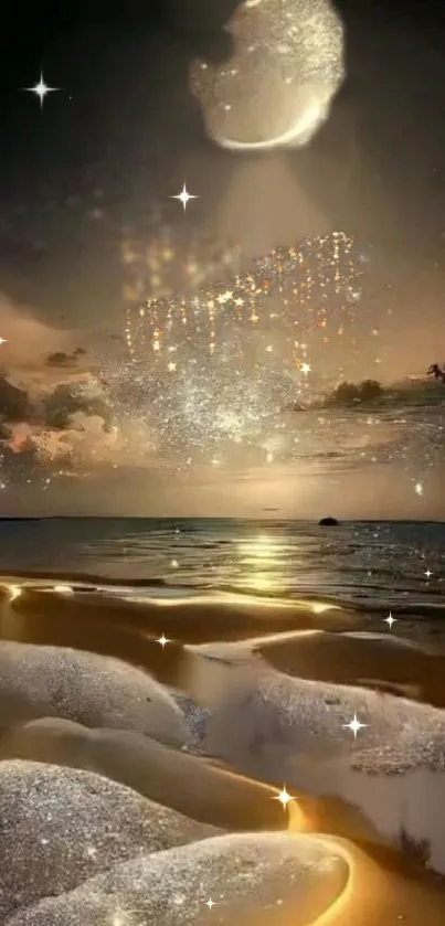 Magical starry night beach wallpaper with golden glow.