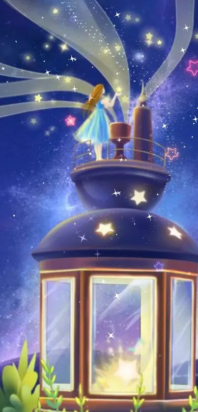 Enchanting lighthouse under starry night sky, vibrant and magical.