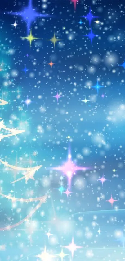 Magical starry night wallpaper with a blue sky and sparkling stars.