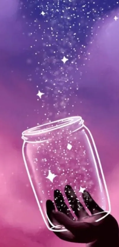 Hand holding a jar of glowing stars against pink and purple sky.