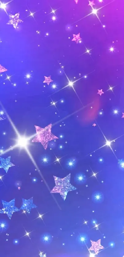 Vibrant wallpaper with shimmering stars on a purple and blue background.