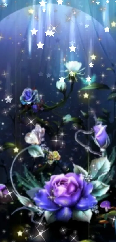 Magical night scene with purple roses and twinkling stars.