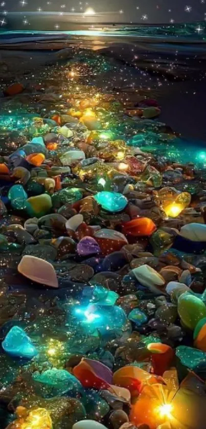 Starry night sky with colorful glowing pebbles on a beach.