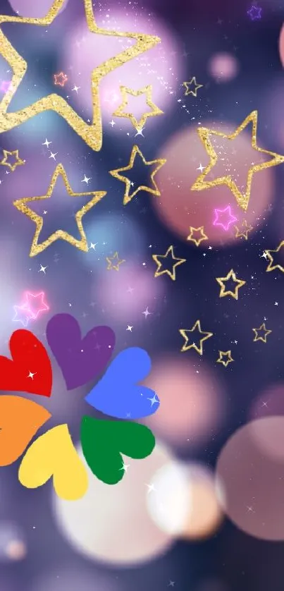 Colorful wallpaper with golden stars and bokeh effect.