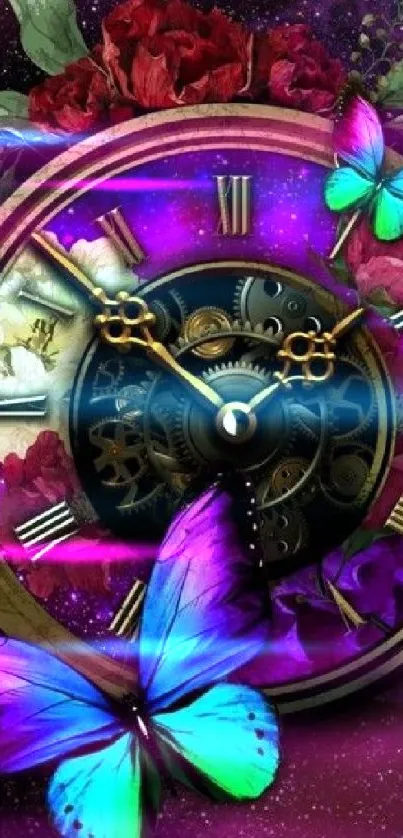 Steampunk clock with butterflies and flowers on a purple galaxy background.