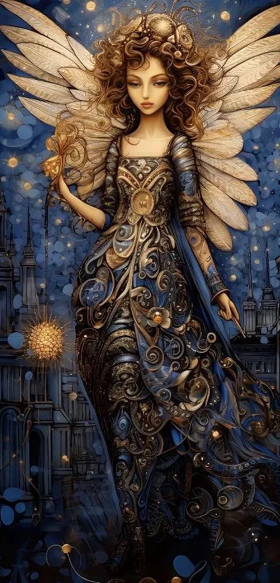 Steampunk fairy with intricate blue dress and wings in a magical city setting.