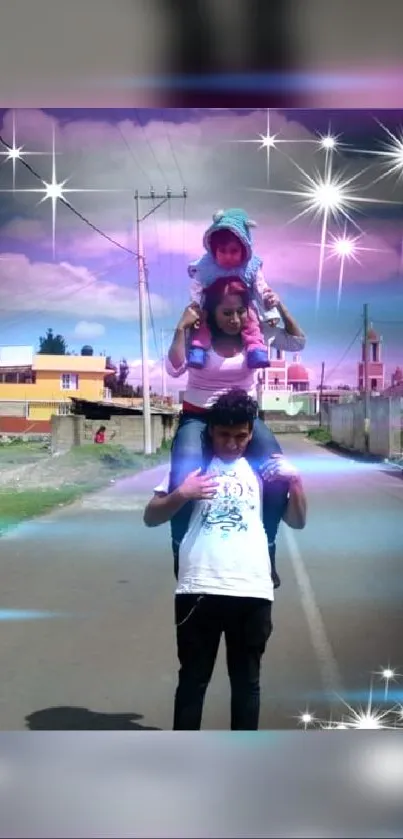 Colorful family with stars on a dreamy street.