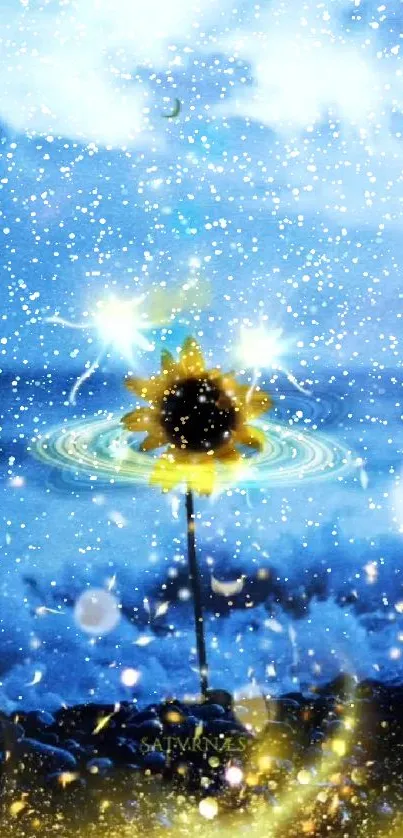 Ethereal night scene with glowing sunflower under a blue sky.