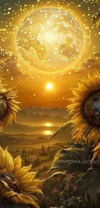 Magical sunset with sunflowers in a fantasy landscape.