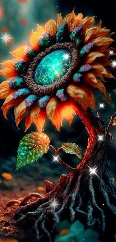 Fantasy sunflower with glowing blue center amidst mystical background.