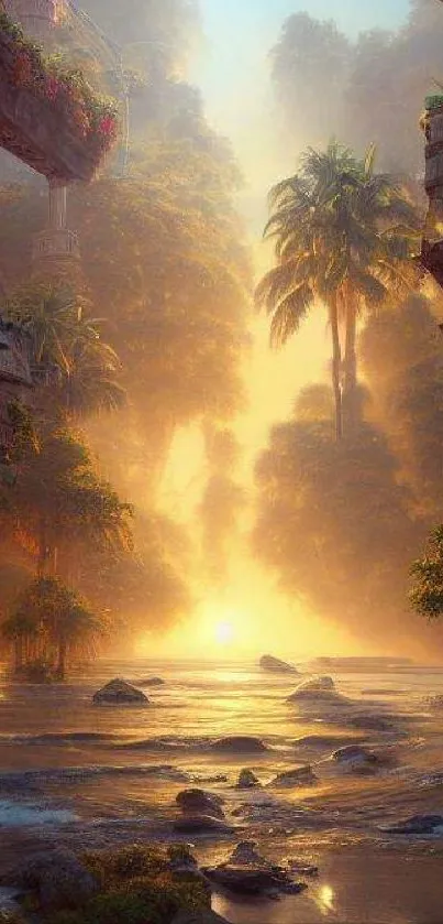 Magical sunrise landscape depicting an oasis with vibrant colors and serene water.