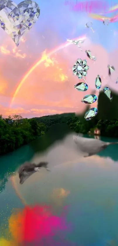 Magical landscape wallpaper with diamonds, dolphin, and a sunset rainbow.