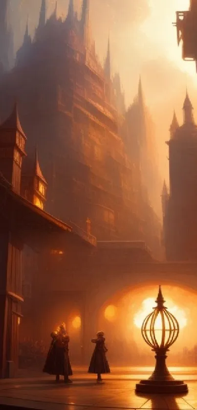 Magical cityscape at sunset with glowing orange ambiance and towering spires.