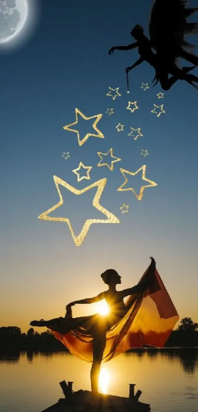 Silhouette of a dancer at sunset with stars and a moonlit fairy.