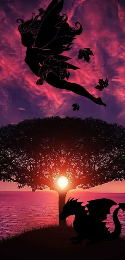 Fairy and dragon silhouettes at sunset with vibrant sky.