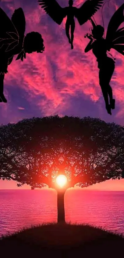 Enchanting sunset wallpaper with fairies and tree.