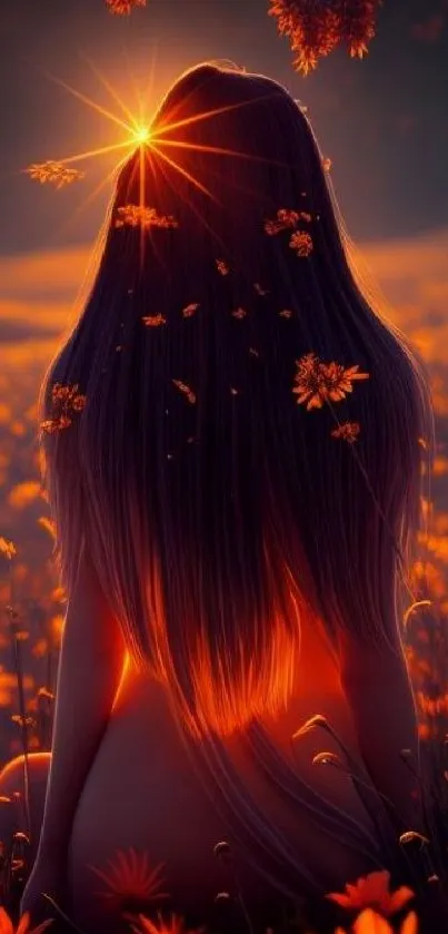 Silhouette with long hair at sunset among glowing orange flowers.