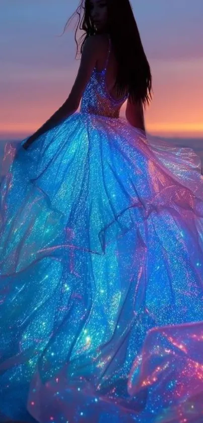 A magical glittering gown against a vibrant sunset by the ocean.