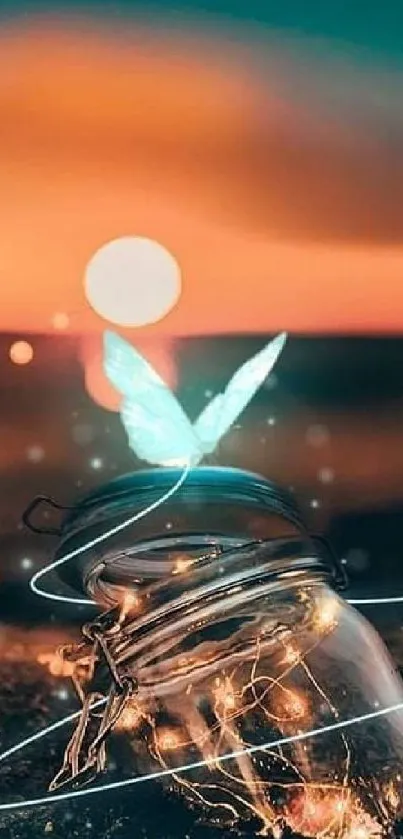 A butterfly and jar glowing under a vibrant sunset.