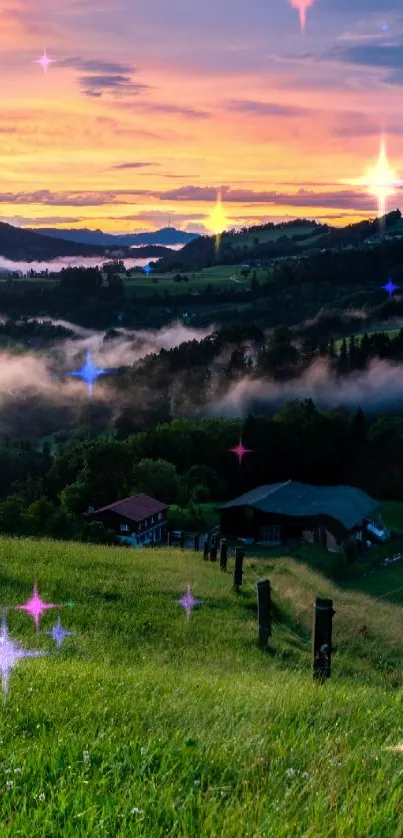 Magical sunset landscape with stars and rolling hills.