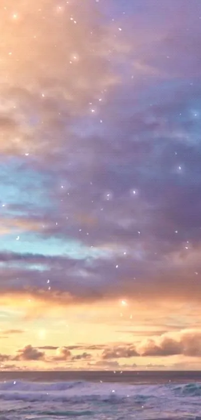 Magical sunset over ocean with stars and waves on a mobile wallpaper.