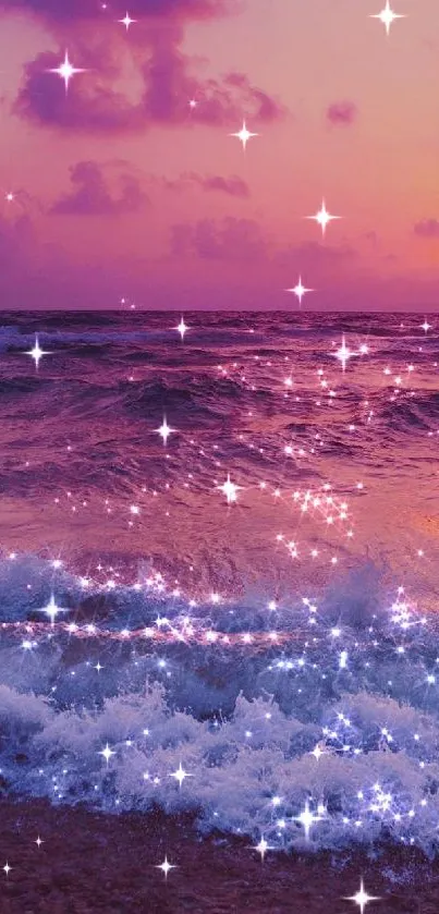 Sparkling ocean sunset with waves under a purple sky on mobile wallpaper.