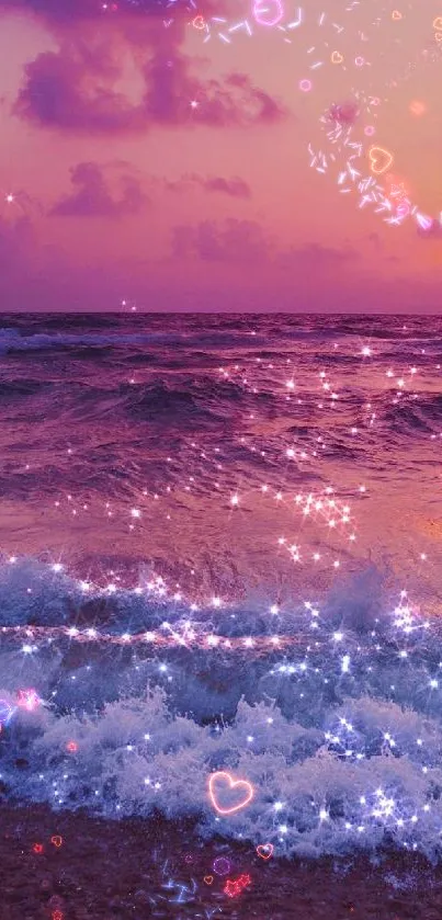 Sparkling ocean waves under a vibrant purple sunset.