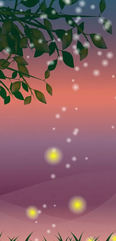 A serene mobile wallpaper with a magical sunset and glowing fireflies.