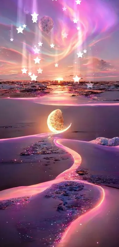 Lavender sunset with glowing crescent and dreamy sky reflection.