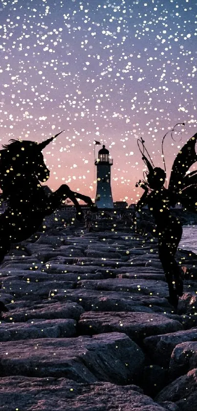 Silhouettes of a unicorn and fairy by a lighthouse at sunset with stone pathway.