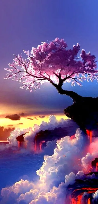 Magical cherry blossom tree at sunset on cliff.