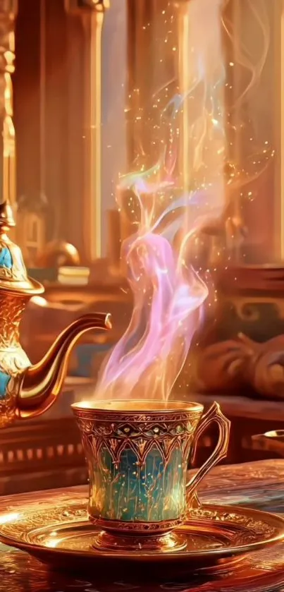 Magical tea cup with colorful steam in royal setting.