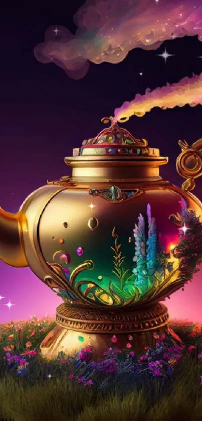 A magical golden teapot with vibrant colors and enchanting smoke in a dreamy garden setting.