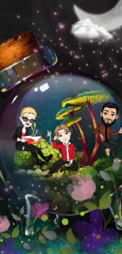 Cartoon characters in magical terrarium under night sky.