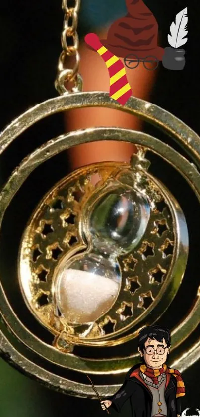 Fantasy theme with magical time turner and hourglass.