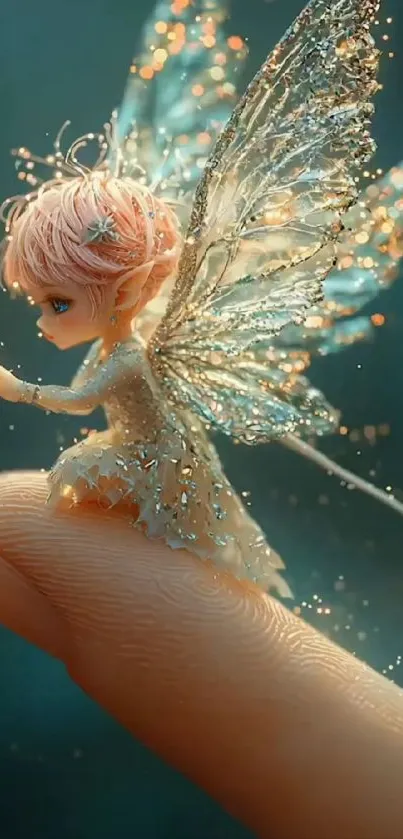 Whimsical tiny fairy on a fingertip.