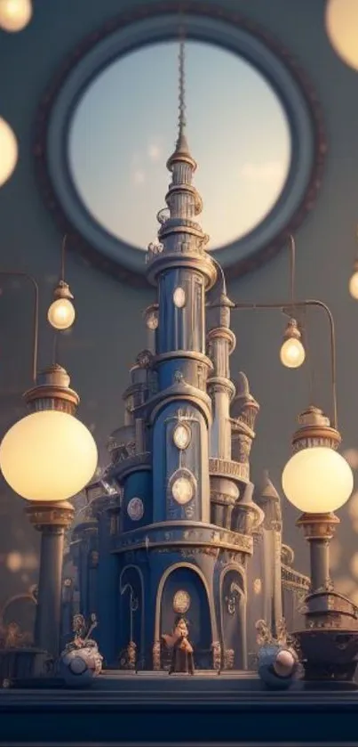 Whimsical blue tower with glowing orbs in a dreamlike setting.