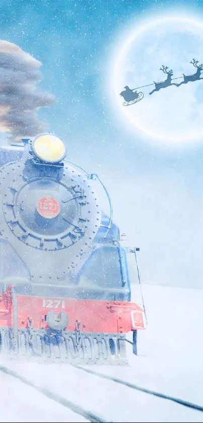 Train and Santa's sleigh in a snowy, moonlit night scene.