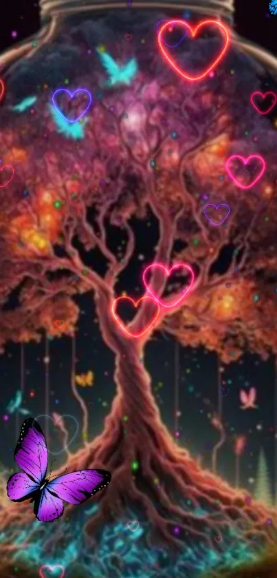 Magical tree with neon hearts and butterflies in a jar wallpaper.