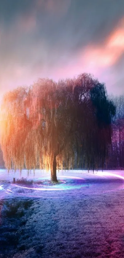 Lone tree illuminated by colorful lights at sunrise.