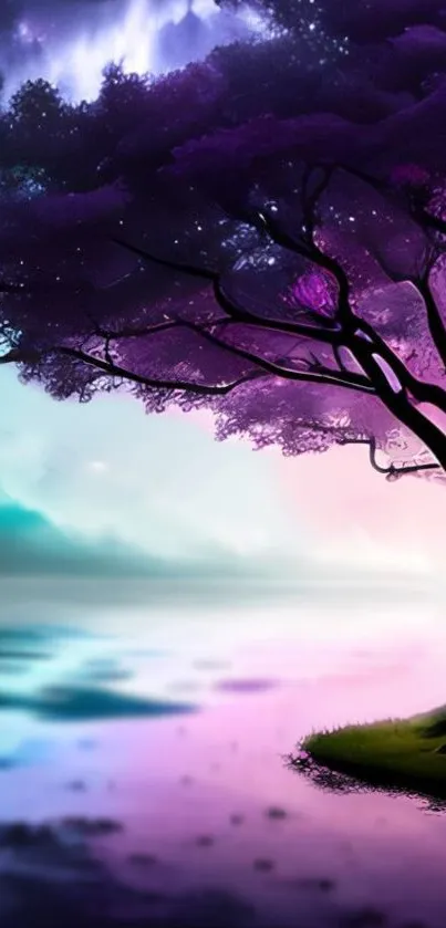 Purple tree at twilight with colorful sky.