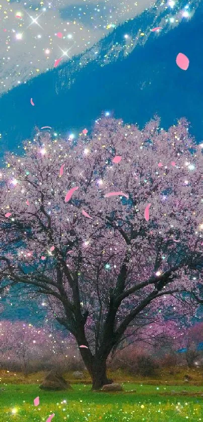 Blossoming tree under a starry sky wallpaper.