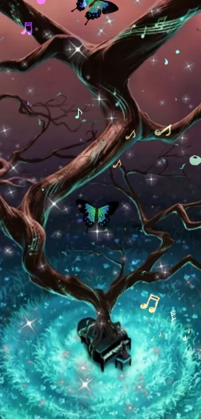 Fantasy wallpaper with a magical tree and glowing musical notes.