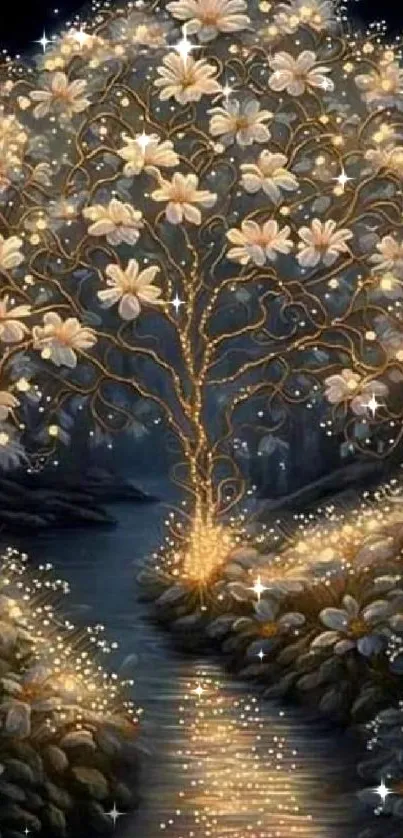 Fantasy wallpaper of glowing tree with daisies and golden lights.