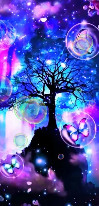 Fantasy tree with butterflies and bubbles in a vibrant cosmic scene.