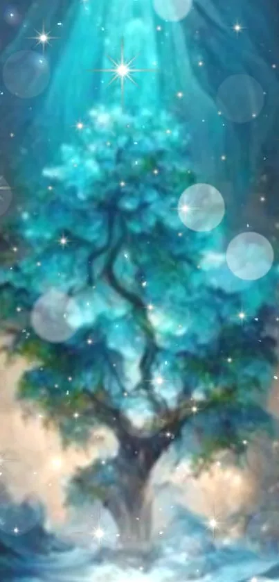 Fantasy tree glowing under a starry teal sky.