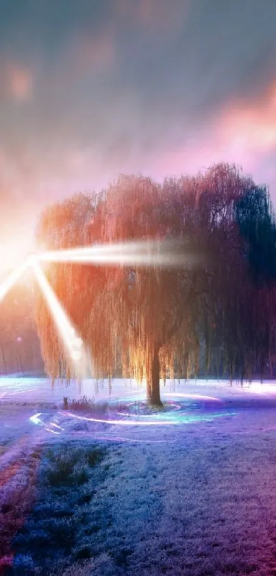 Fantasy landscape with glowing tree and mystical lights in a vibrant scene.